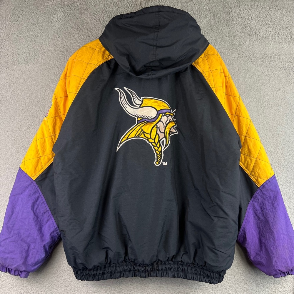 Vintage Starter NFL Minnesota Vikings Puffer Jacket Hooded Purple Gold Large